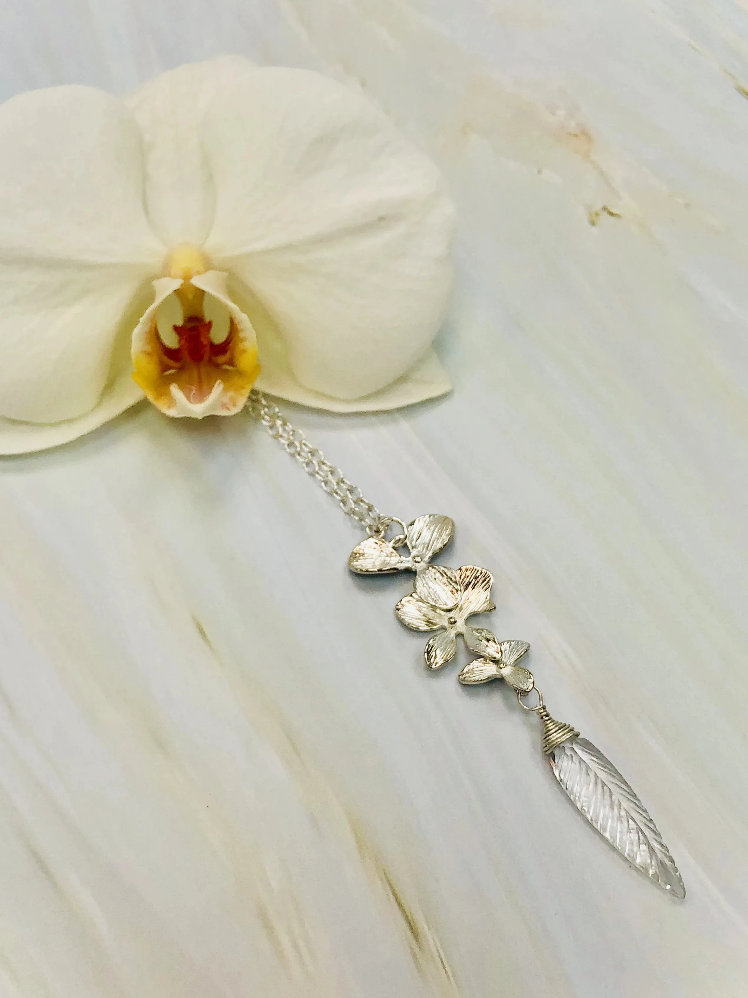 Elegant Silver Marquis Quartz Orchid necklace