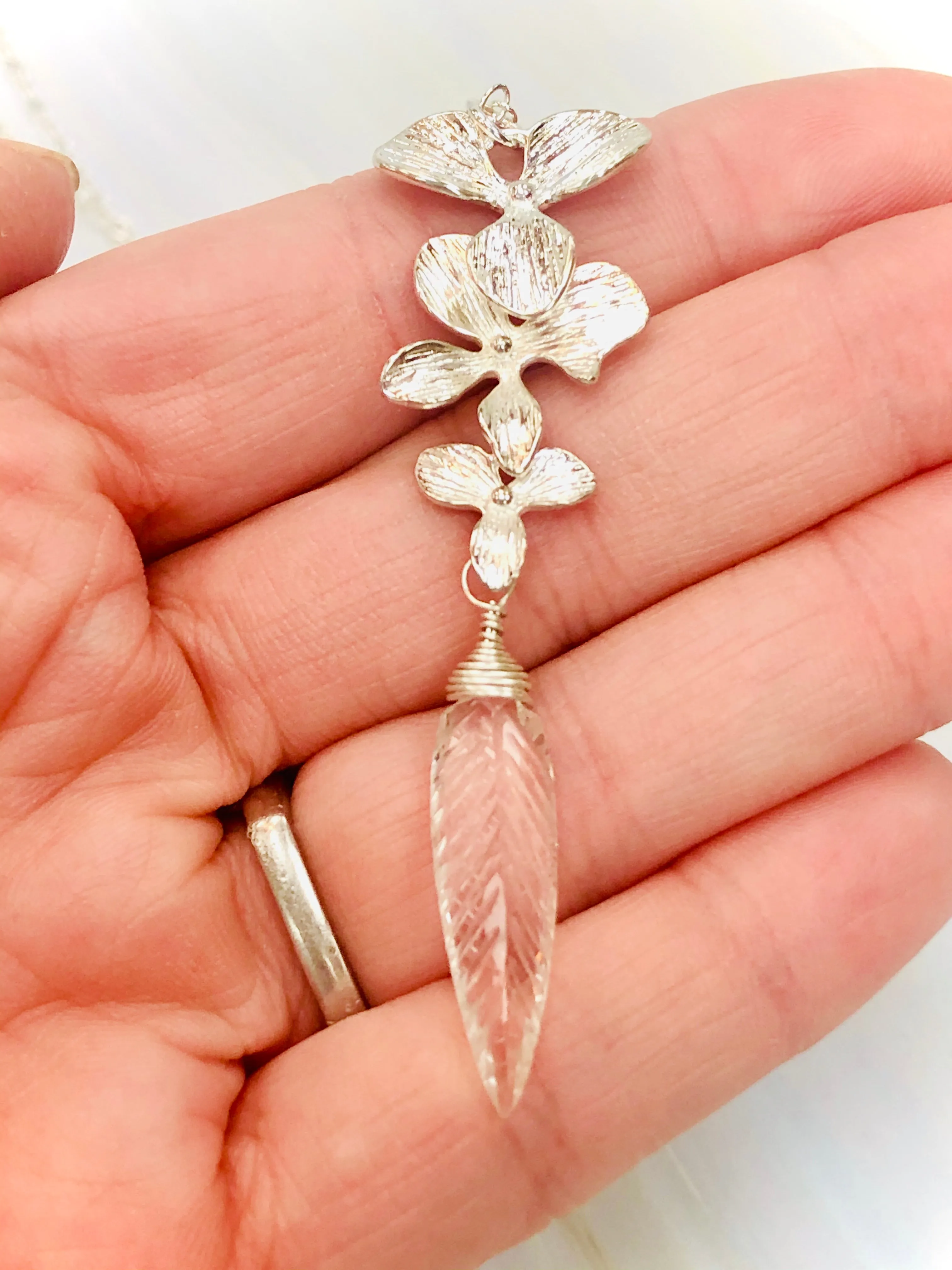 Elegant Silver Marquis Quartz Orchid necklace