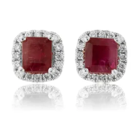 Emerald-Cut Red Emerald and Diamond Halo Stud Earrings