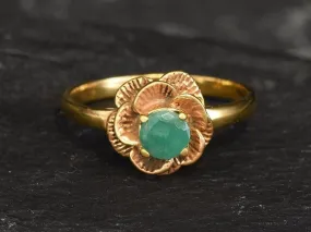 Emerald Vintage Flower Ring - Gold Rose Ring, Natural Emerald Ring