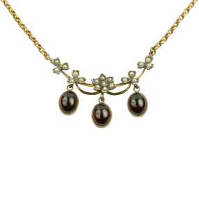 Estate 9K Yellow Gold Cabochon Garnet Necklace