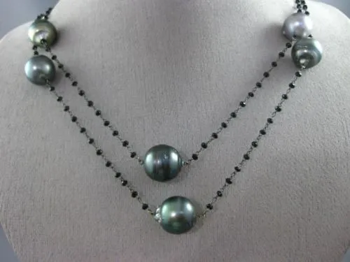 ESTATE LARGE & LONG AAA TAHITIAN PEARL & BLACK QUARTZ 14KT BLACK GOLD NECKLACE