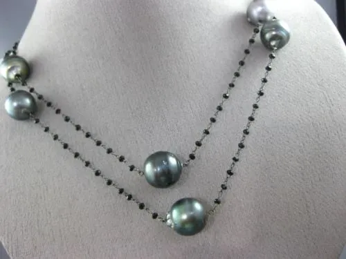 ESTATE LARGE & LONG AAA TAHITIAN PEARL & BLACK QUARTZ 14KT BLACK GOLD NECKLACE
