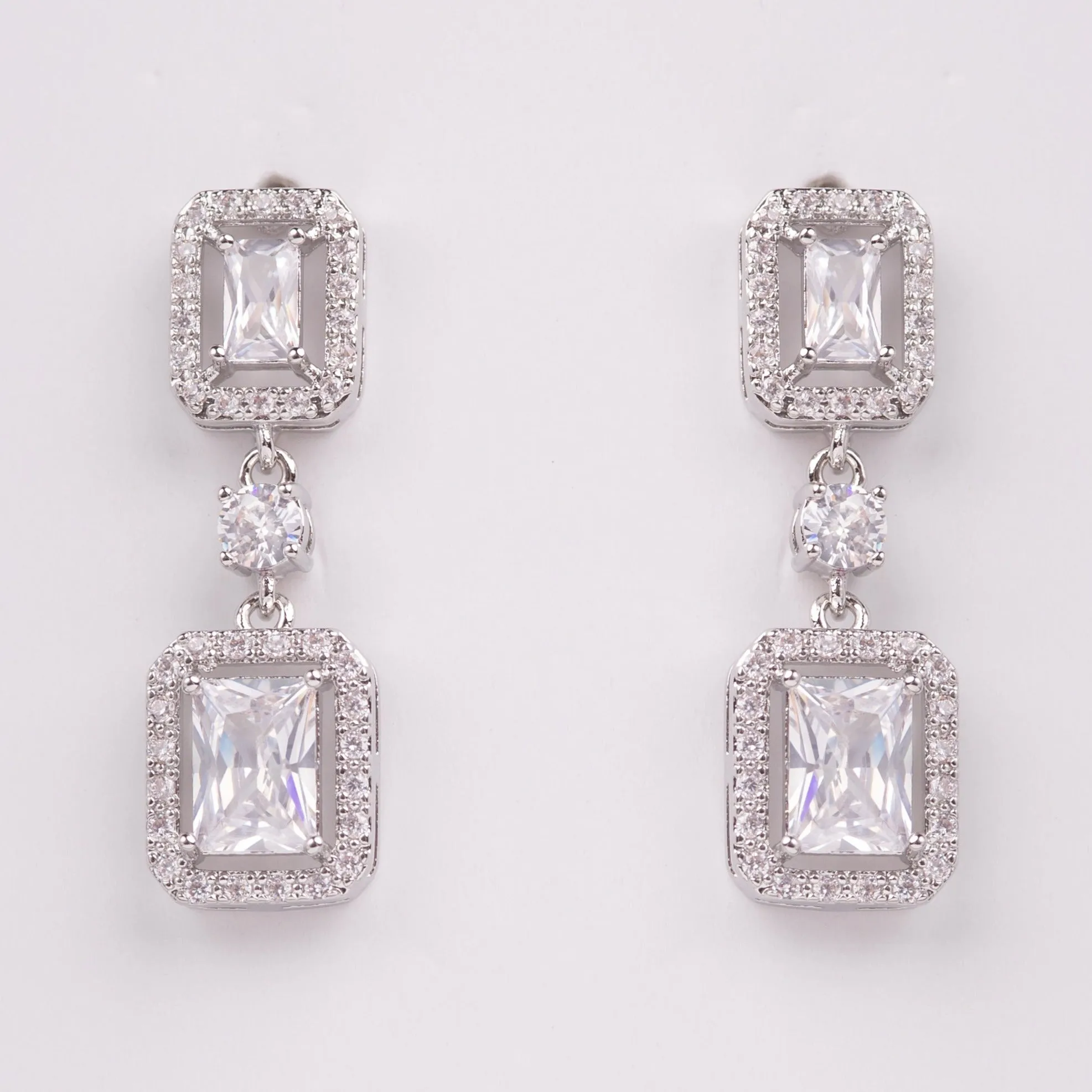 Everleigh Emerald Cut Halo Crystal Bridal Earrings
