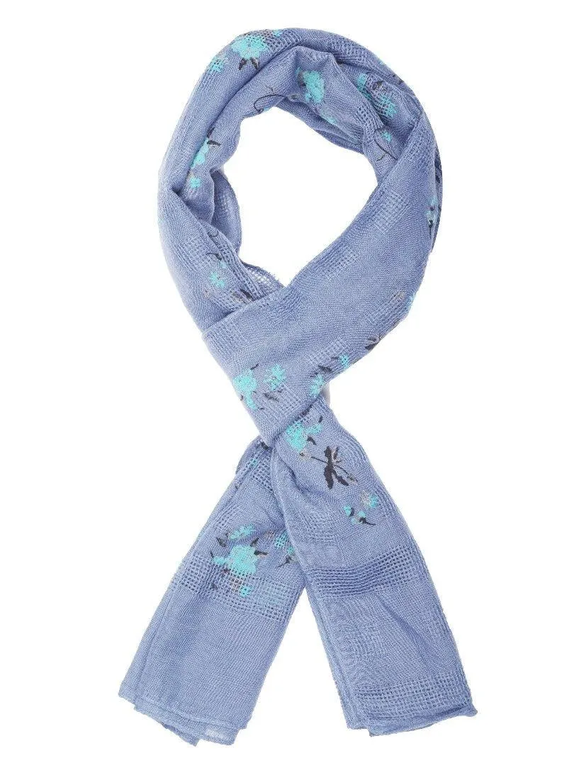 FabSeasons Blue Leaf Printed Cotton Scarf For Women & Girls