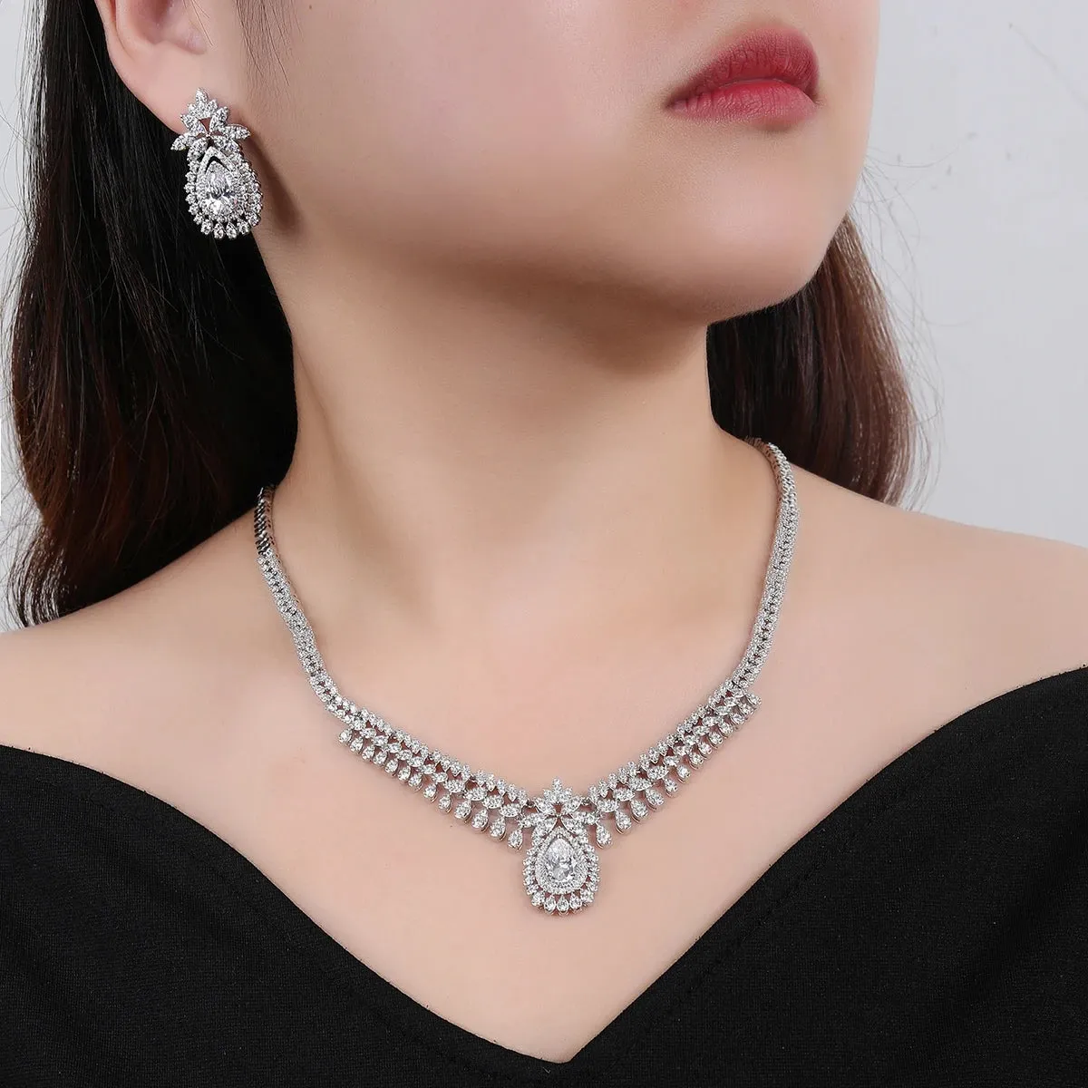 Fashion Cubic Zirconia Bridal Wedding Necklace and Pendant Earrings Jewelry Set Bridal Wedding Accessories CN11042