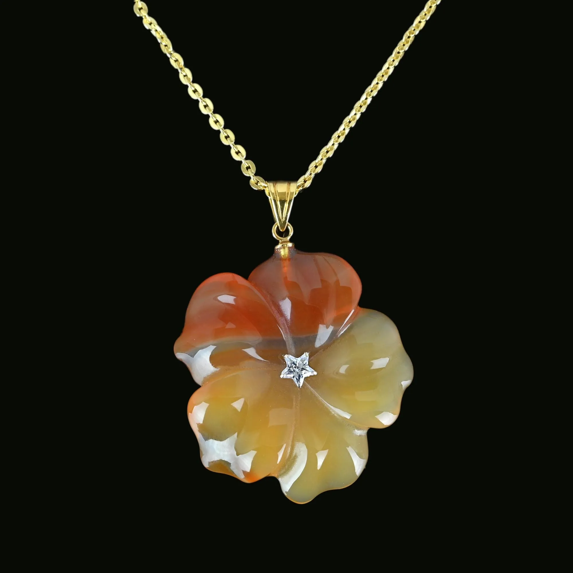Fine 18K Gold Quartz Star Carved Flower Carnelian Pendant