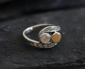 Fire Opal Ring - Diamond Bypass Ring - Two Stone Ring