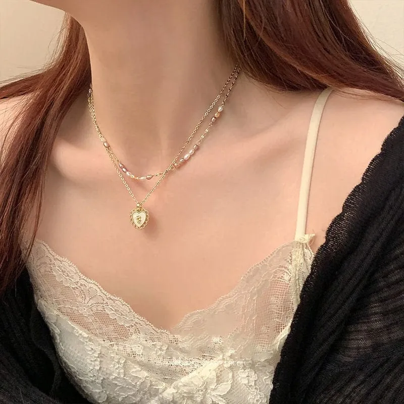 Floral Heart Pendant Pearl Chain Choker Necklace Set