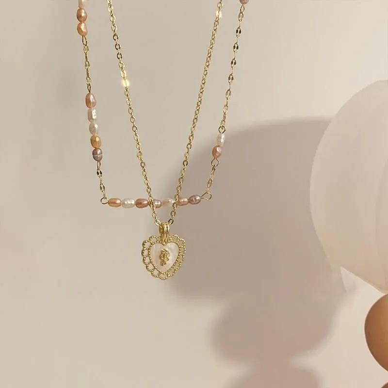 Floral Heart Pendant Pearl Chain Choker Necklace Set