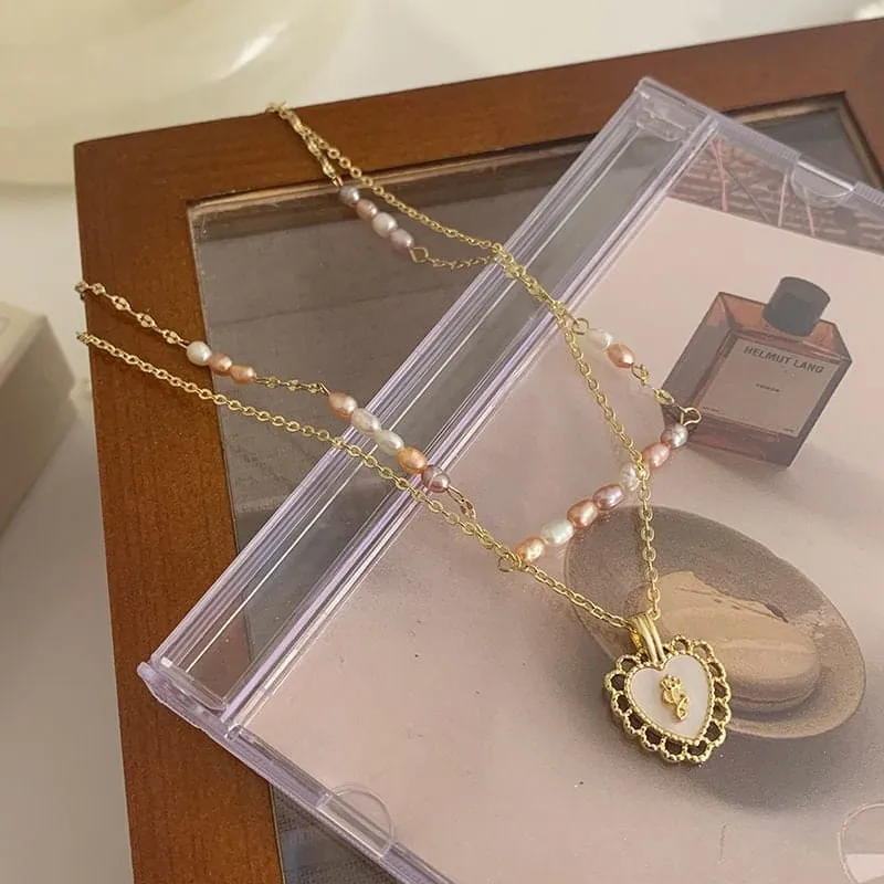 Floral Heart Pendant Pearl Chain Choker Necklace Set