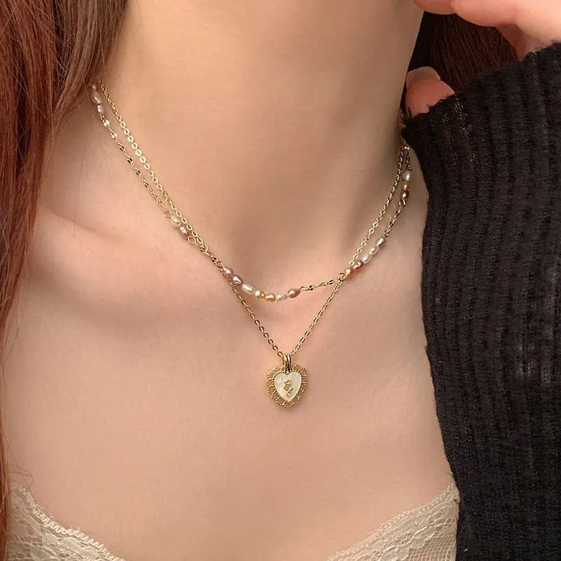 Floral Heart Pendant Pearl Chain Choker Necklace Set