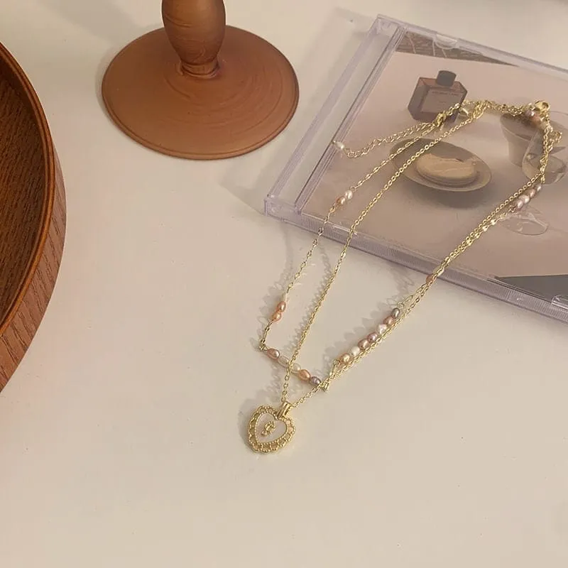 Floral Heart Pendant Pearl Chain Choker Necklace Set