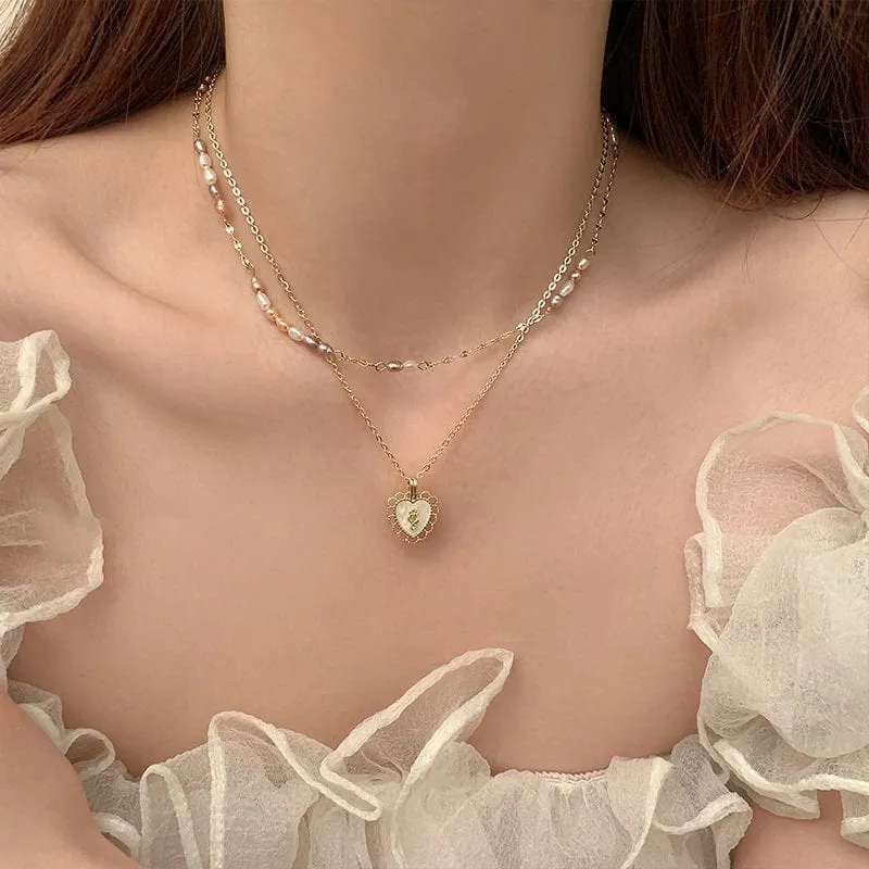 Floral Heart Pendant Pearl Chain Choker Necklace Set