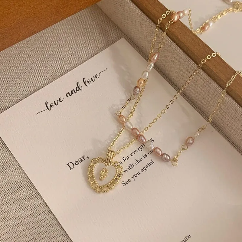 Floral Heart Pendant Pearl Chain Choker Necklace Set