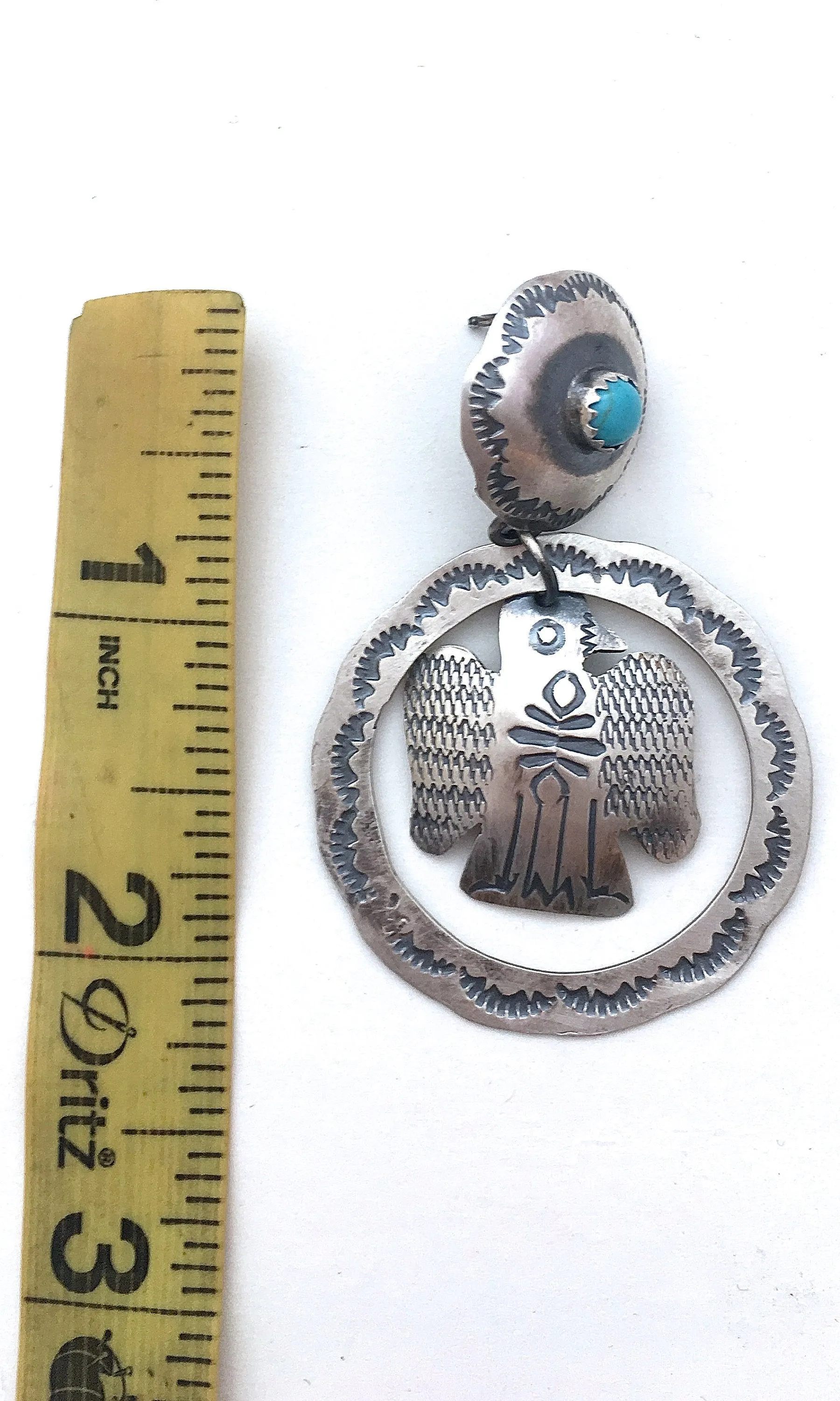 FRED HARVEY  Silver & Turquoise Thunderbird Hoop Earrings