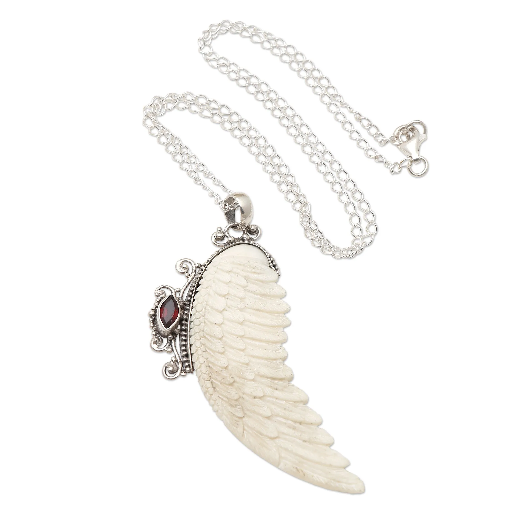Garnet and Sterling Silver Angel Wing Pendant Necklace - Pale Angel | NOVICA