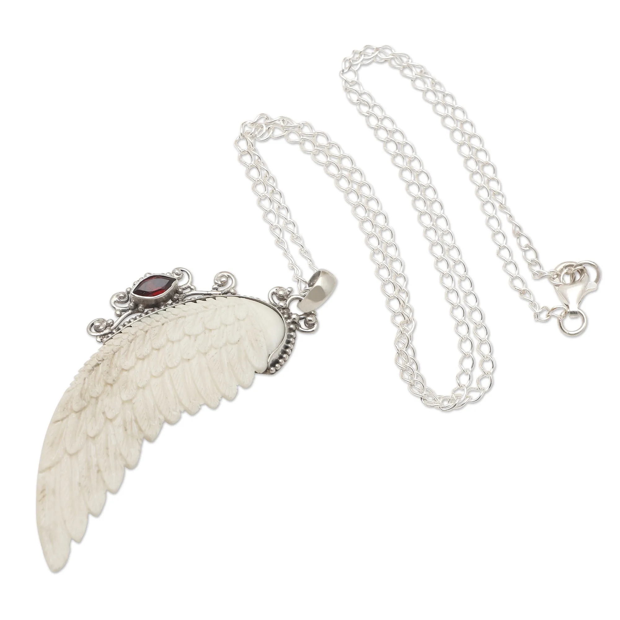 Garnet and Sterling Silver Angel Wing Pendant Necklace - Pale Angel | NOVICA