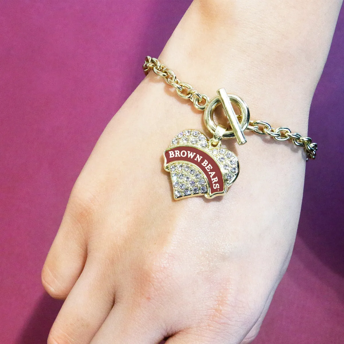 Gold Brown University Bears [NCAA] Pave Heart Charm Toggle Bracelet