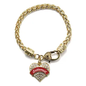 Gold Crimson Red Bridesmaid Pave Heart Charm Braided Bracelet