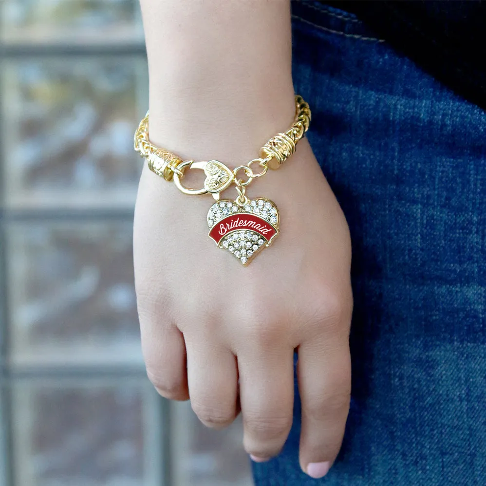 Gold Crimson Red Bridesmaid Pave Heart Charm Braided Bracelet