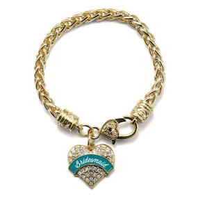 Gold Dark Teal Bridesmaid Pave Heart Charm Braided Bracelet