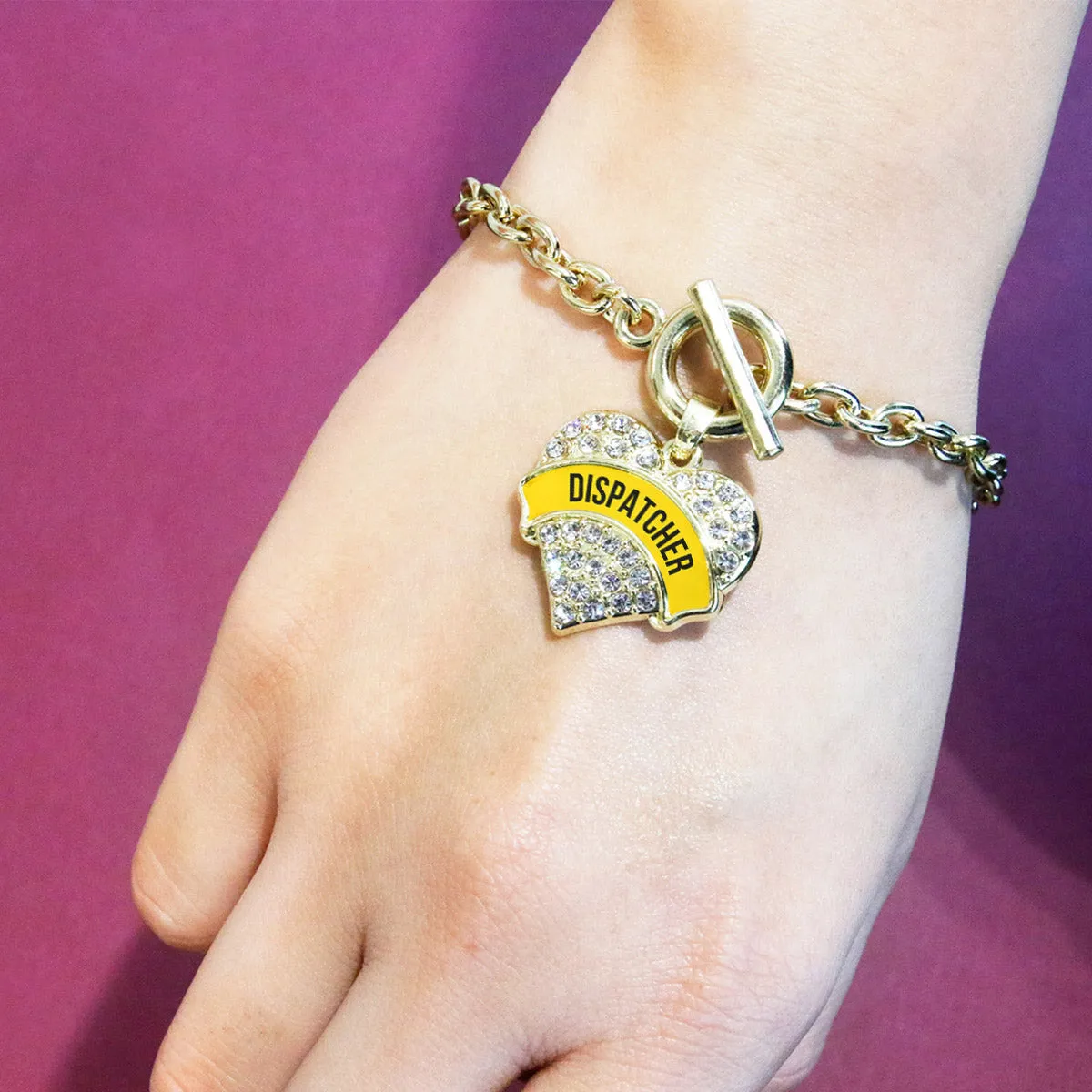 Gold Dispatcher Pave Heart Charm Toggle Bracelet