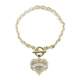 Gold Gray Banner Never GIve Up Pave Heart Charm Toggle Bracelet