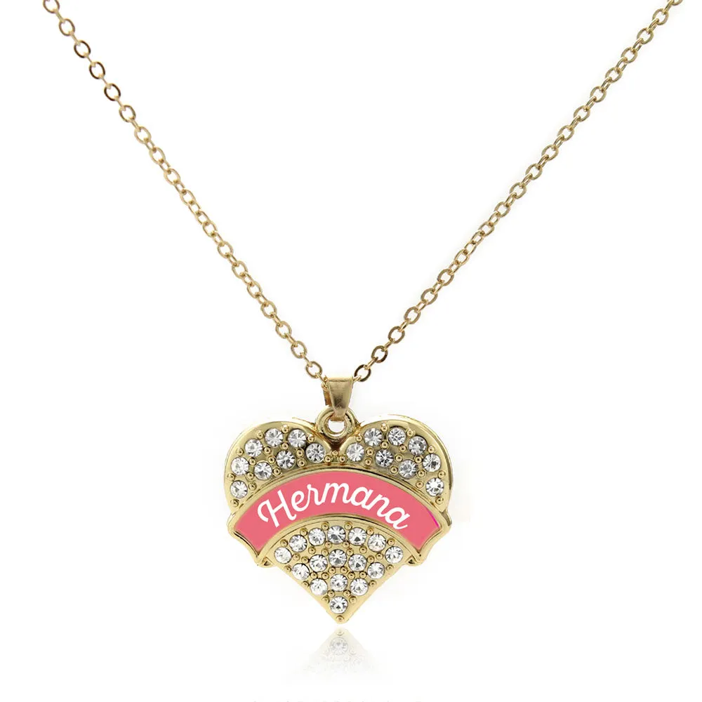 Gold Hermana - Coral Pave Heart Charm Classic Necklace