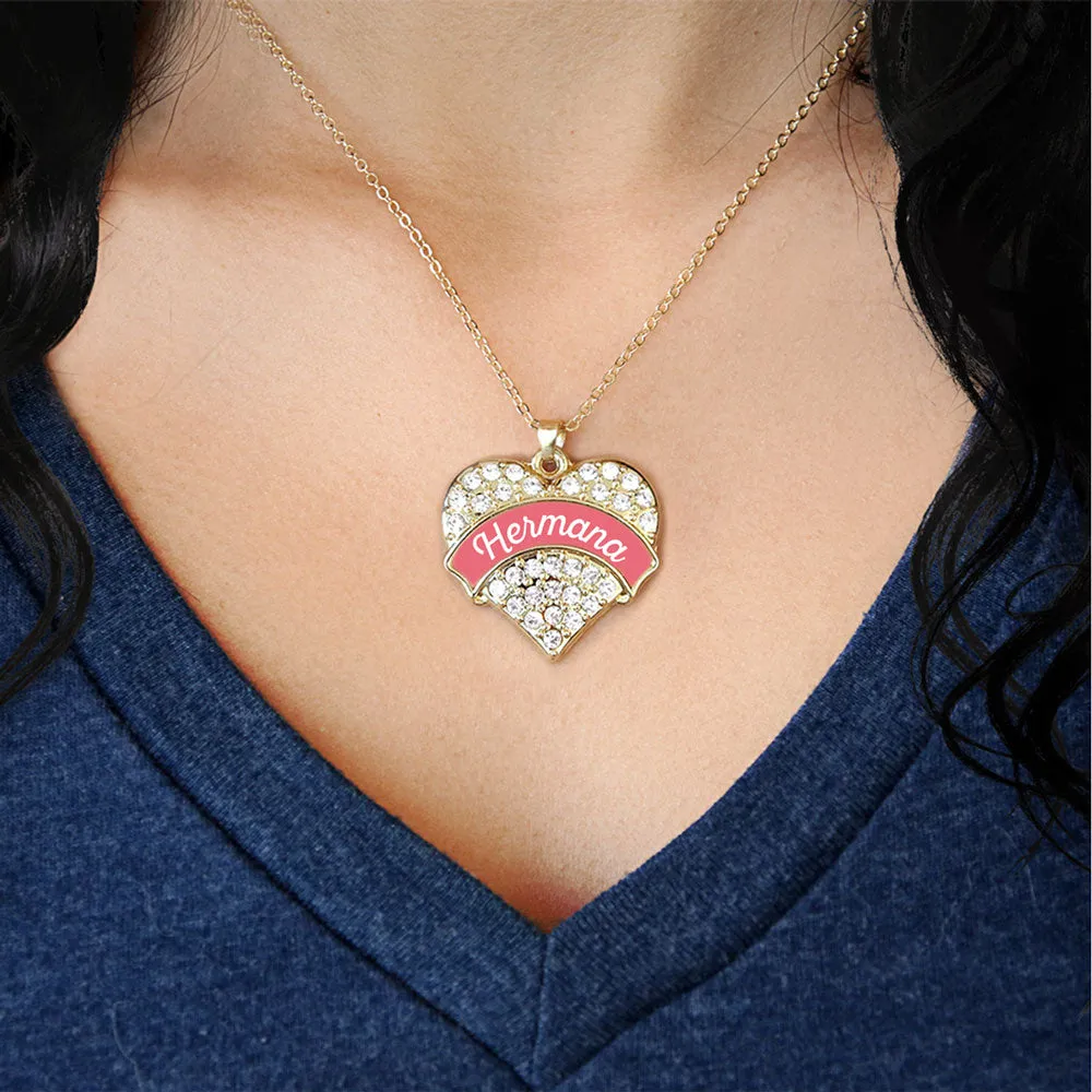 Gold Hermana - Coral Pave Heart Charm Classic Necklace