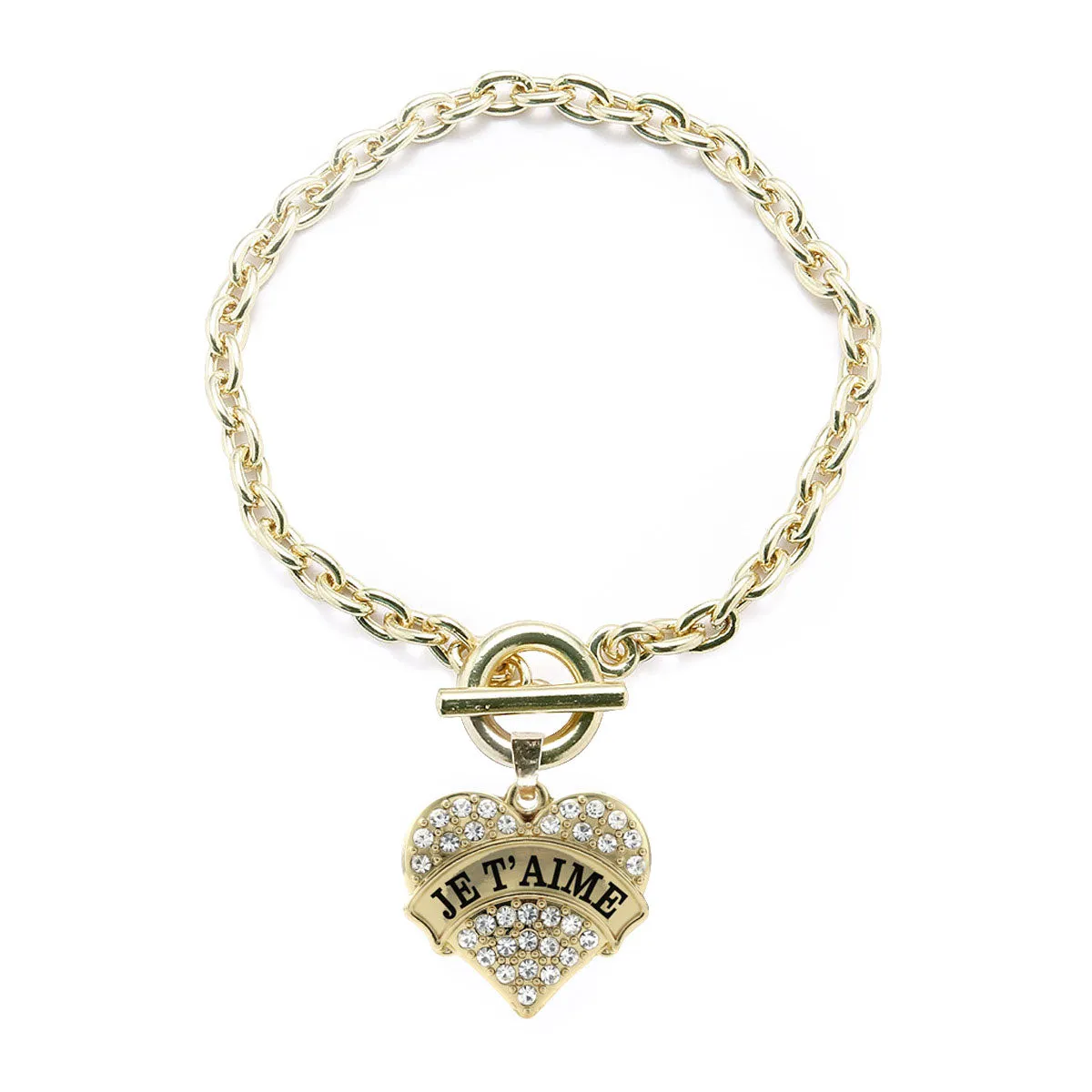 Gold Je T'aime Pave Heart Charm Toggle Bracelet