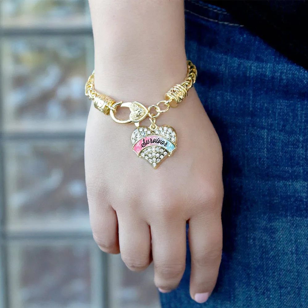 Gold Light Blue & Light Pink Ribbon Survivor Pave Heart Charm Braided Bracelet
