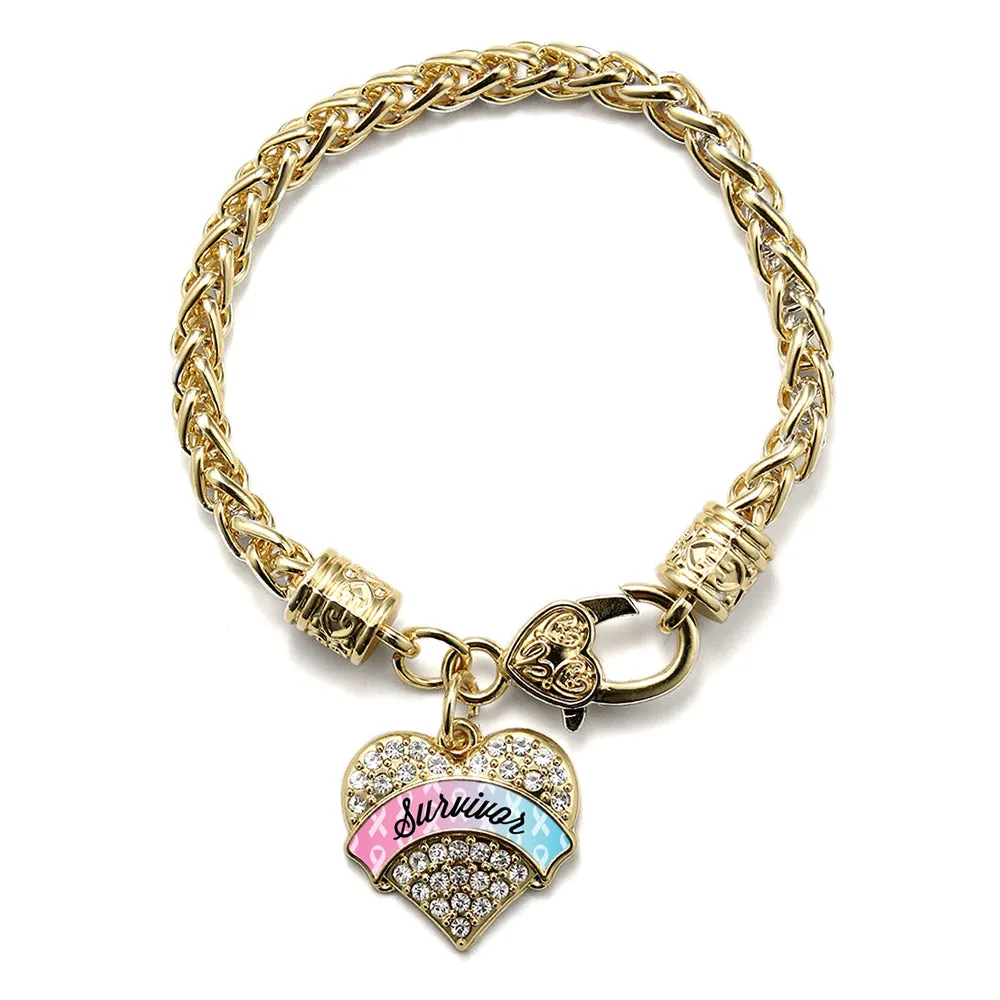 Gold Light Blue & Light Pink Ribbon Survivor Pave Heart Charm Braided Bracelet