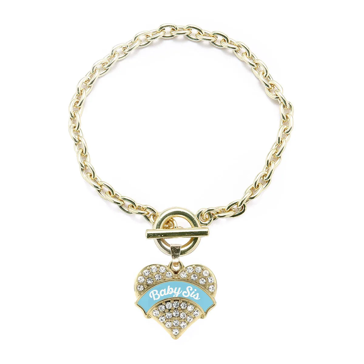 Gold Light Blue Baby Sister Pave Heart Charm Toggle Bracelet