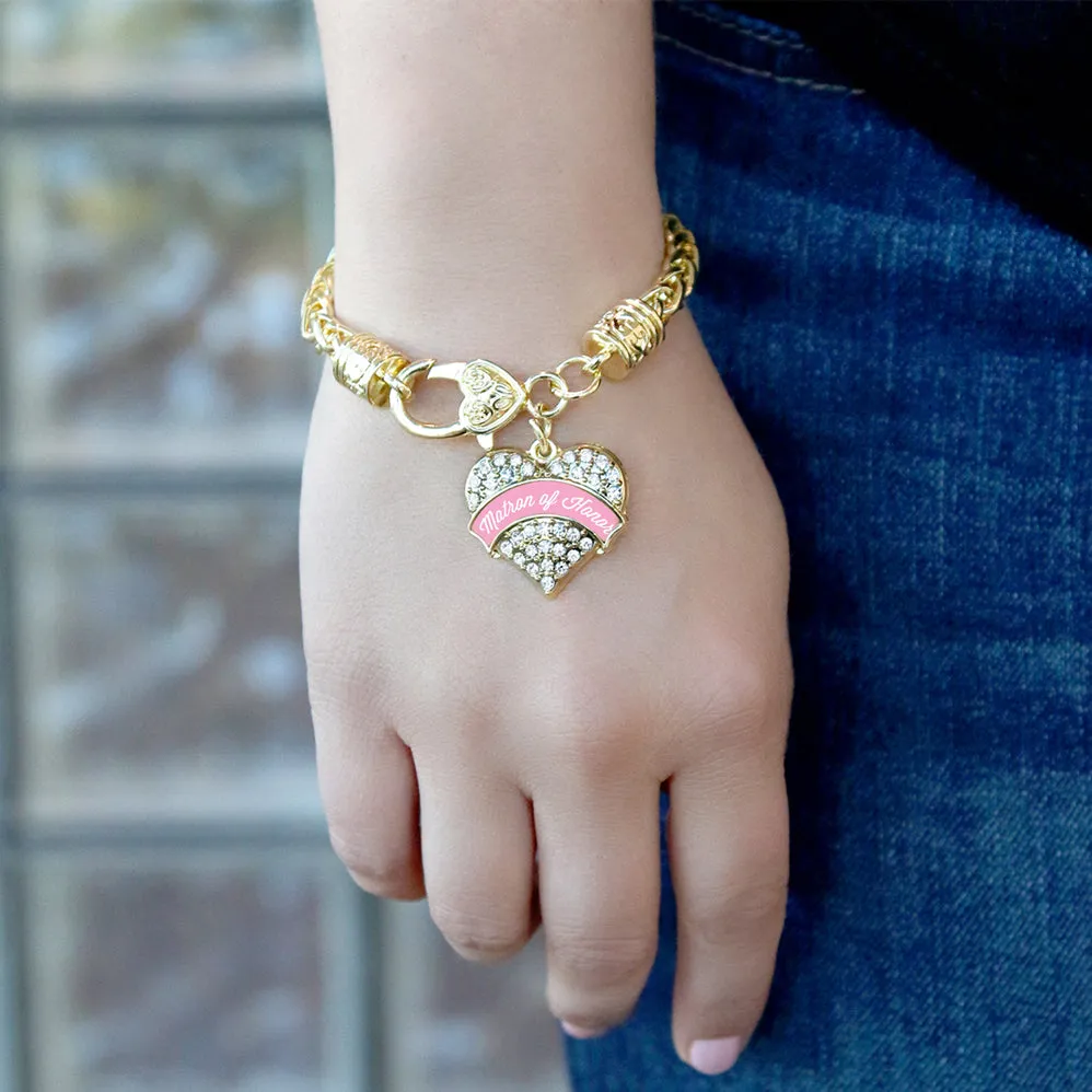 Gold Light Pink Matron of Honor Pave Heart Charm Braided Bracelet