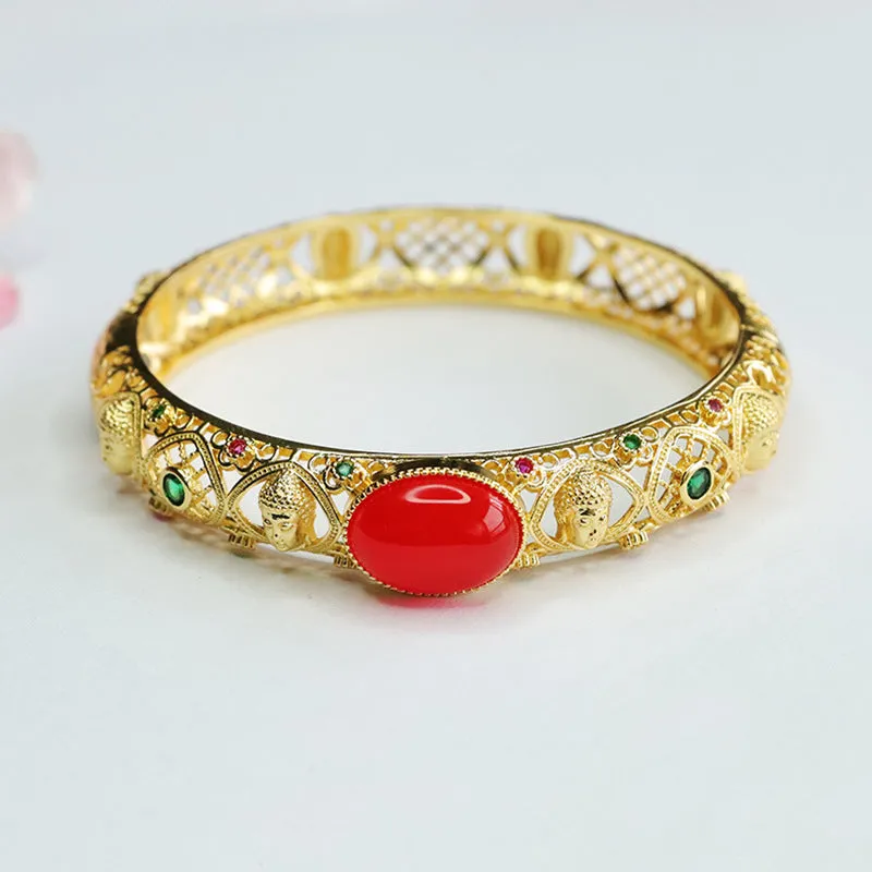 Golden Buddha Red Agate and Chalcedony Sterling Silver Bracelet