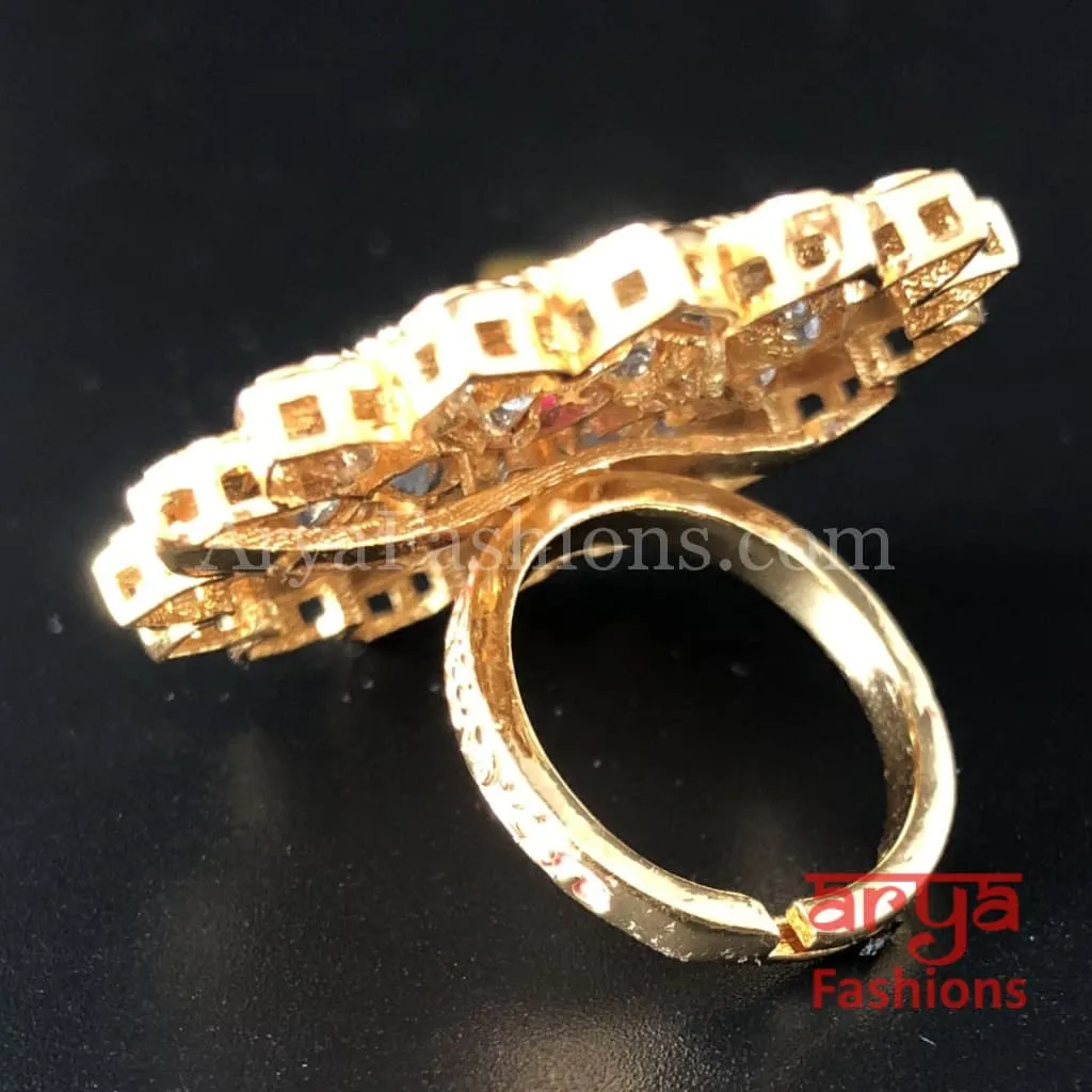 Golden Ivory White Meenakari Kundan Ring