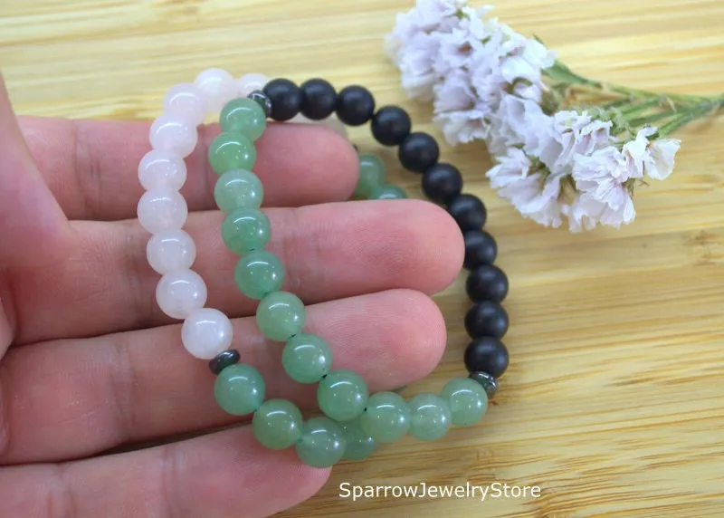 Green aventurine stretch bracelet Adjustable rose quartz bracelets Protection success love talisman Summer jewelry Energy balance bracelets