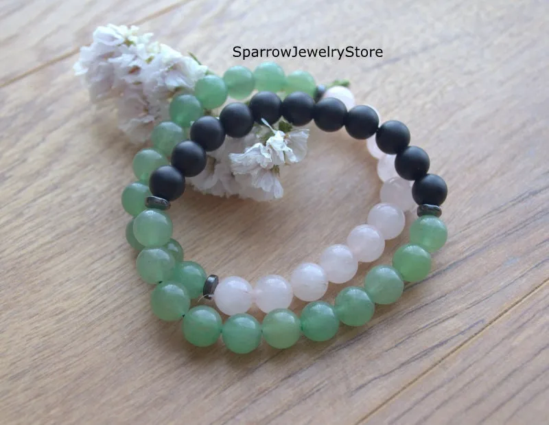 Green aventurine stretch bracelet Adjustable rose quartz bracelets Protection success love talisman Summer jewelry Energy balance bracelets