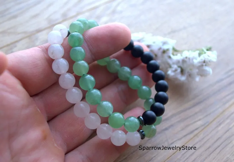 Green aventurine stretch bracelet Adjustable rose quartz bracelets Protection success love talisman Summer jewelry Energy balance bracelets