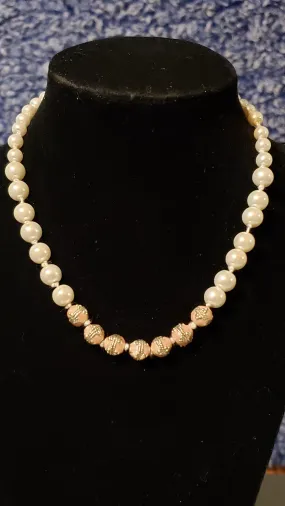 Hand Knotted Pearl 15" Choker Necklace. White on White with Embossed & Enameled Beads and Lobster Claw Clasp.