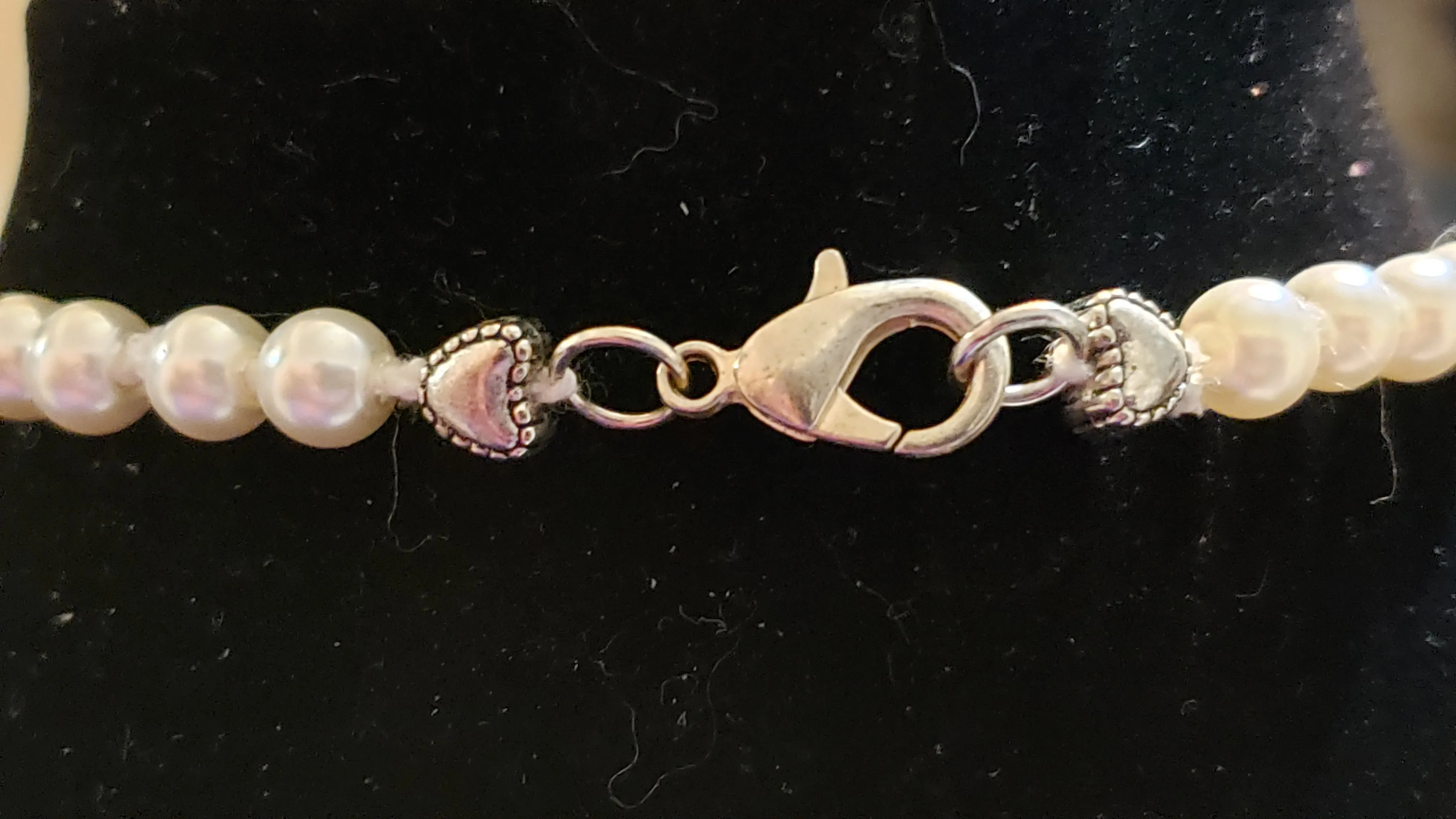 Hand Knotted Pearl 15" Choker Necklace. White on White with Embossed & Enameled Beads and Lobster Claw Clasp.