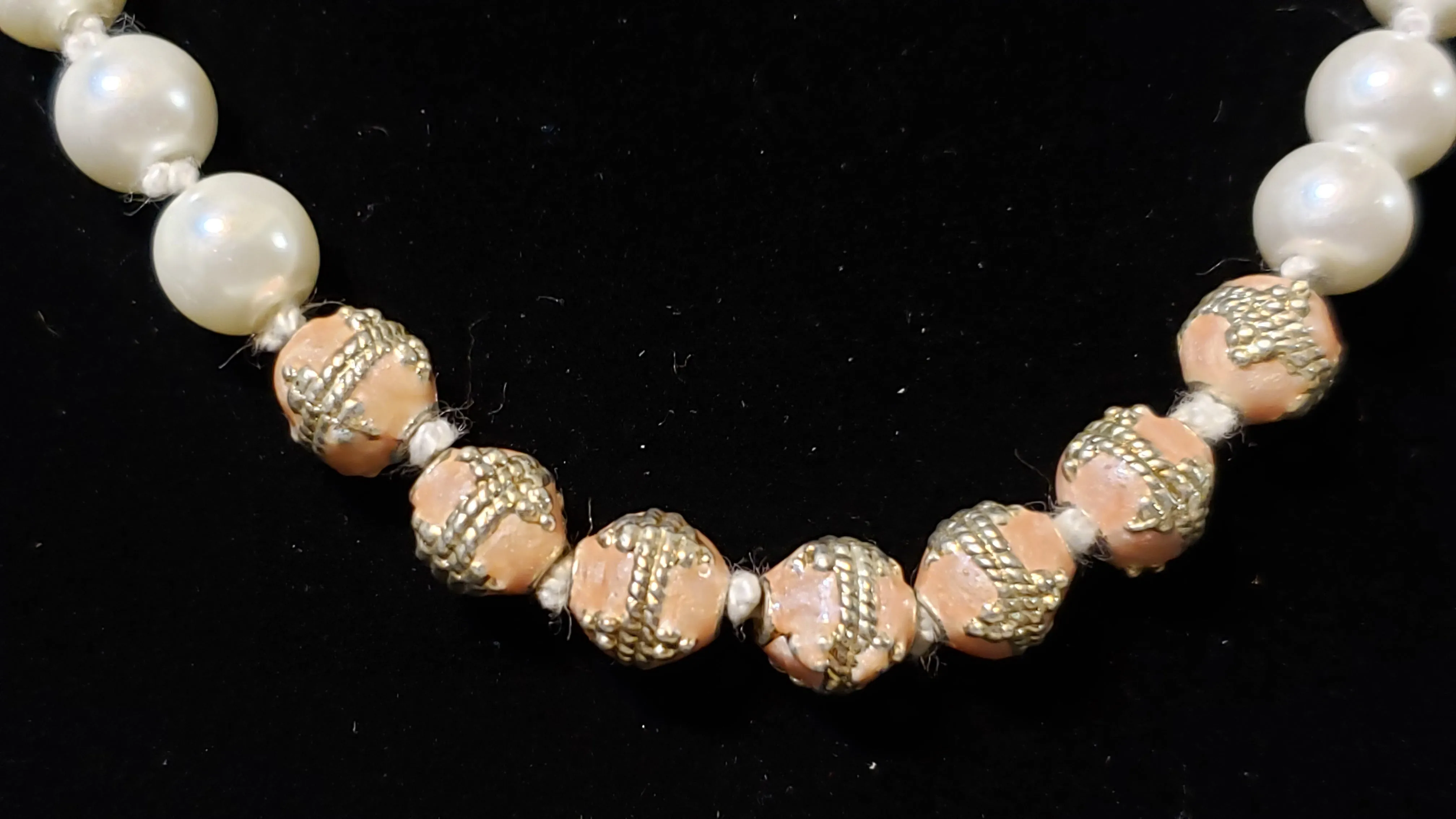 Hand Knotted Pearl 15" Choker Necklace. White on White with Embossed & Enameled Beads and Lobster Claw Clasp.