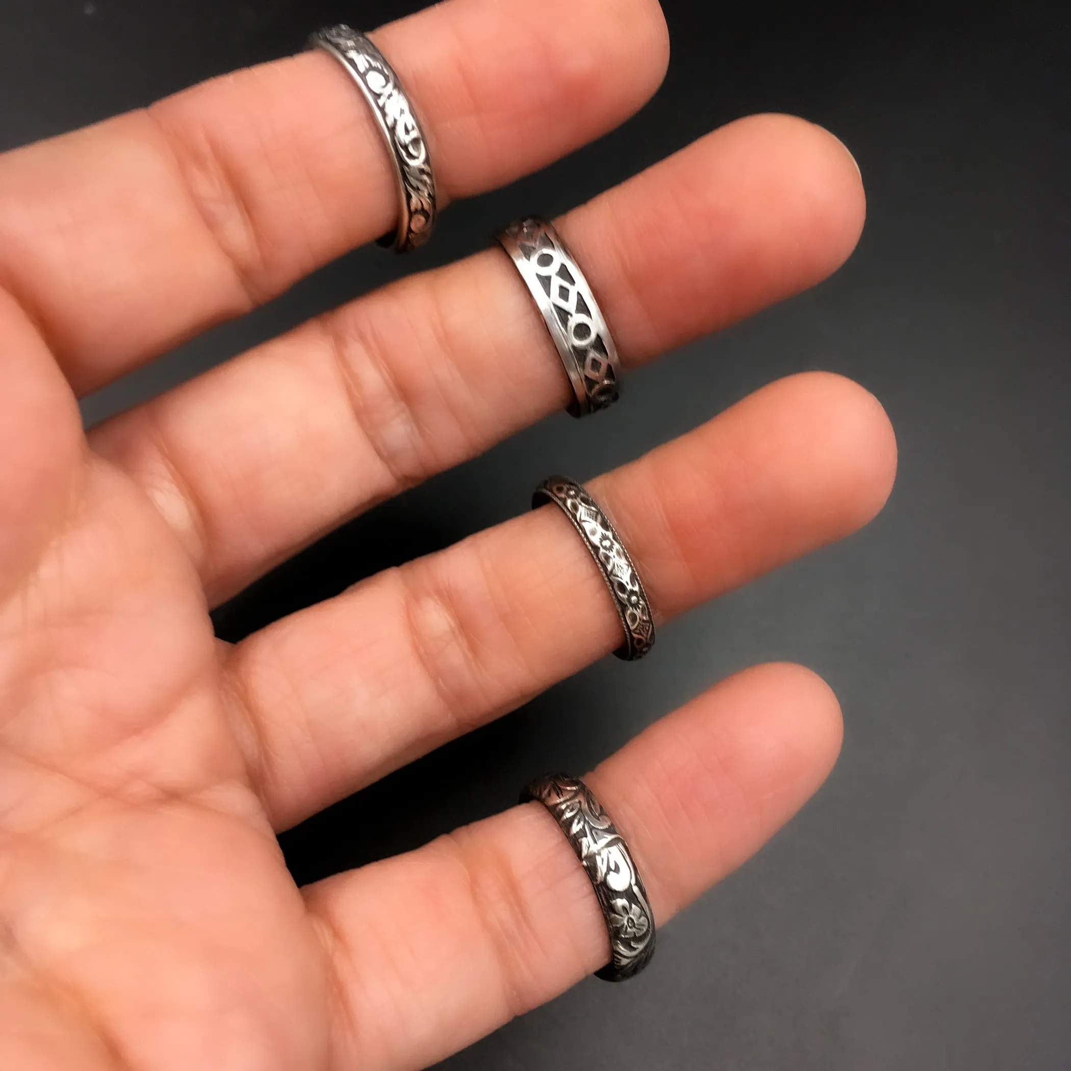 Handmade 1.5mm Skinny Sterling Silver Victorian Abstract Botanical Patterned Ring Band