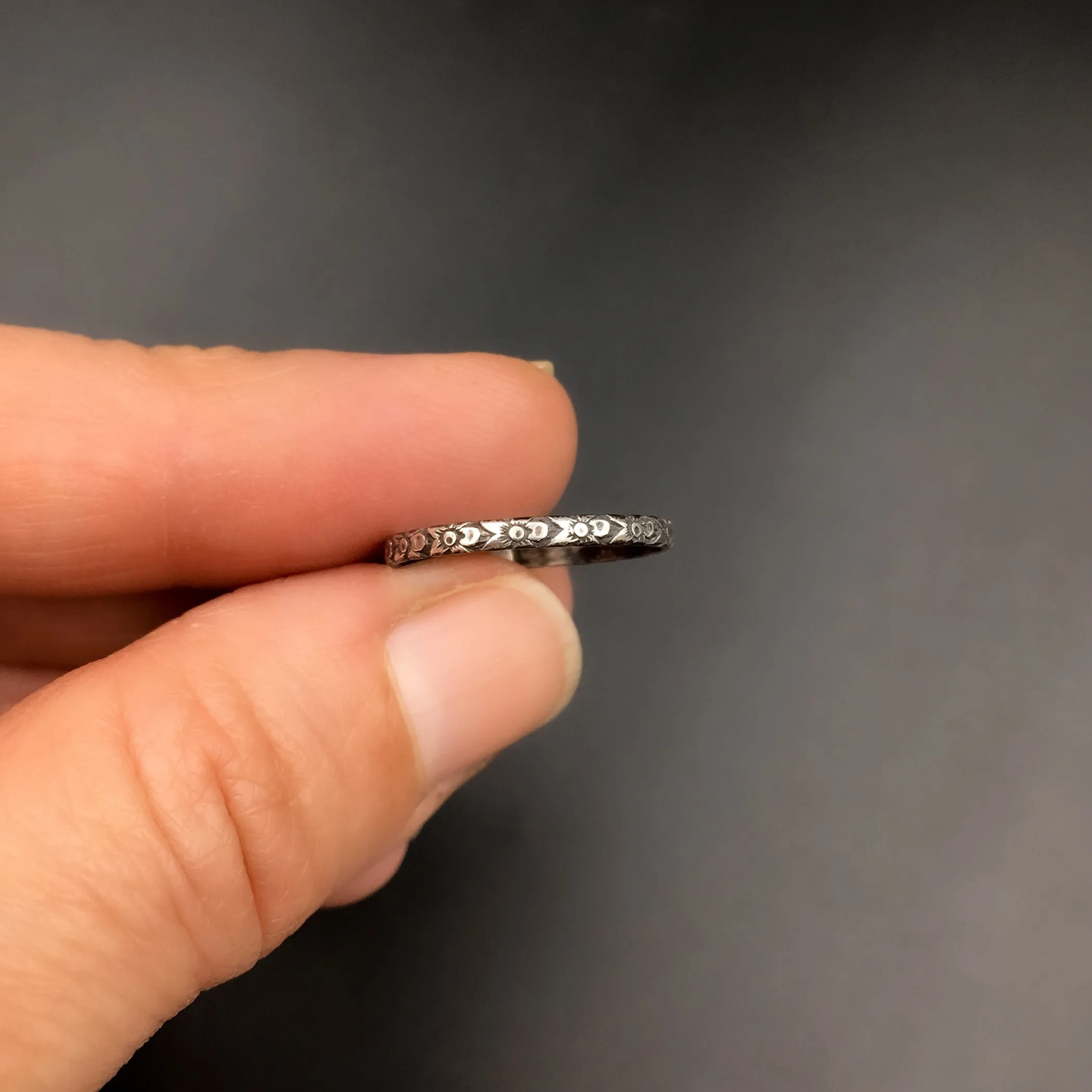 Handmade 1.5mm Skinny Sterling Silver Victorian Abstract Botanical Patterned Ring Band