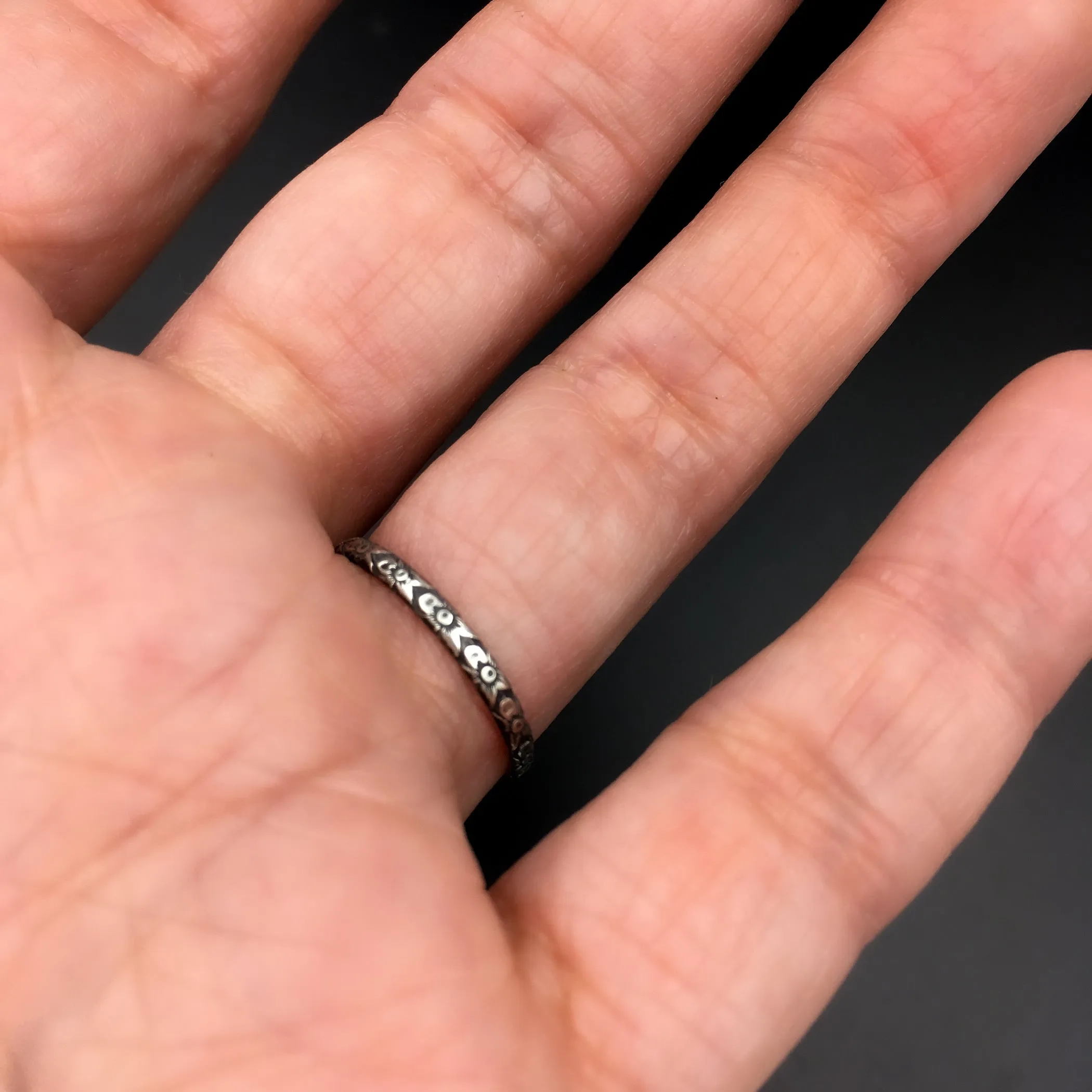 Handmade 1.5mm Skinny Sterling Silver Victorian Abstract Botanical Patterned Ring Band