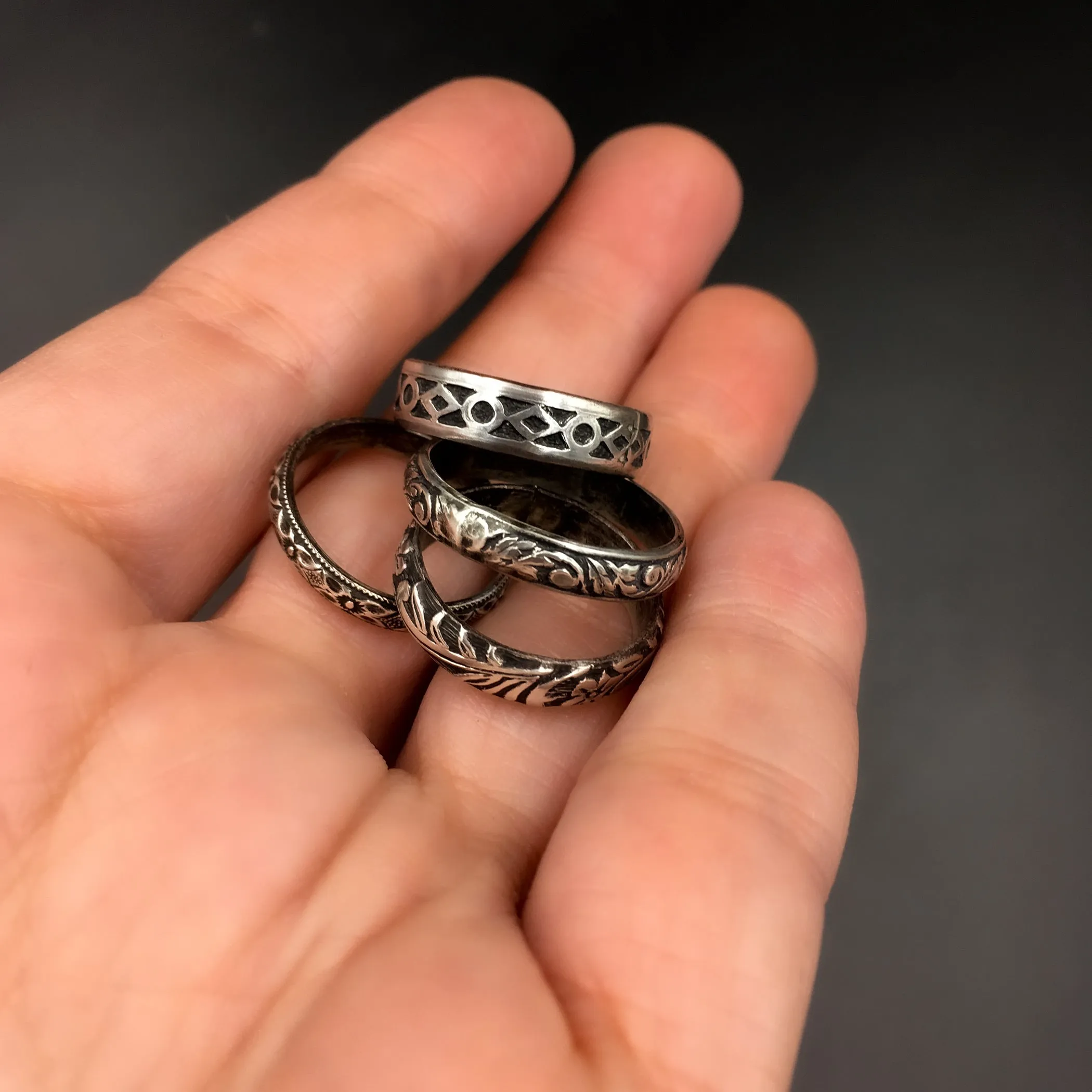 Handmade 1.5mm Skinny Sterling Silver Victorian Abstract Botanical Patterned Ring Band