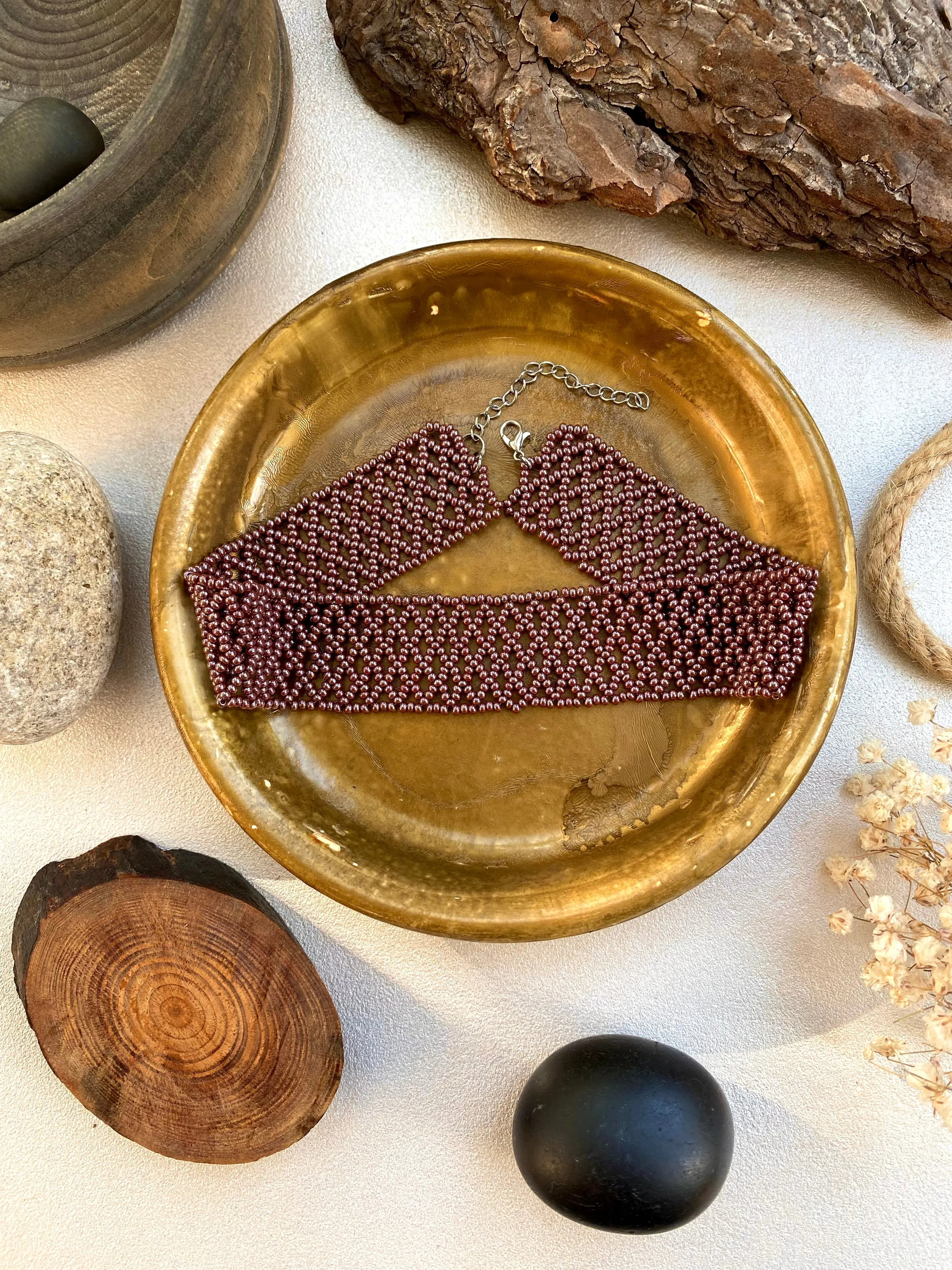 Handmade Wide Copper Seed Bead Choker Necklace Women Boho Hippie style, Thick Brown Metallic Choker Collar, Cute Lace choker, Sexy choker