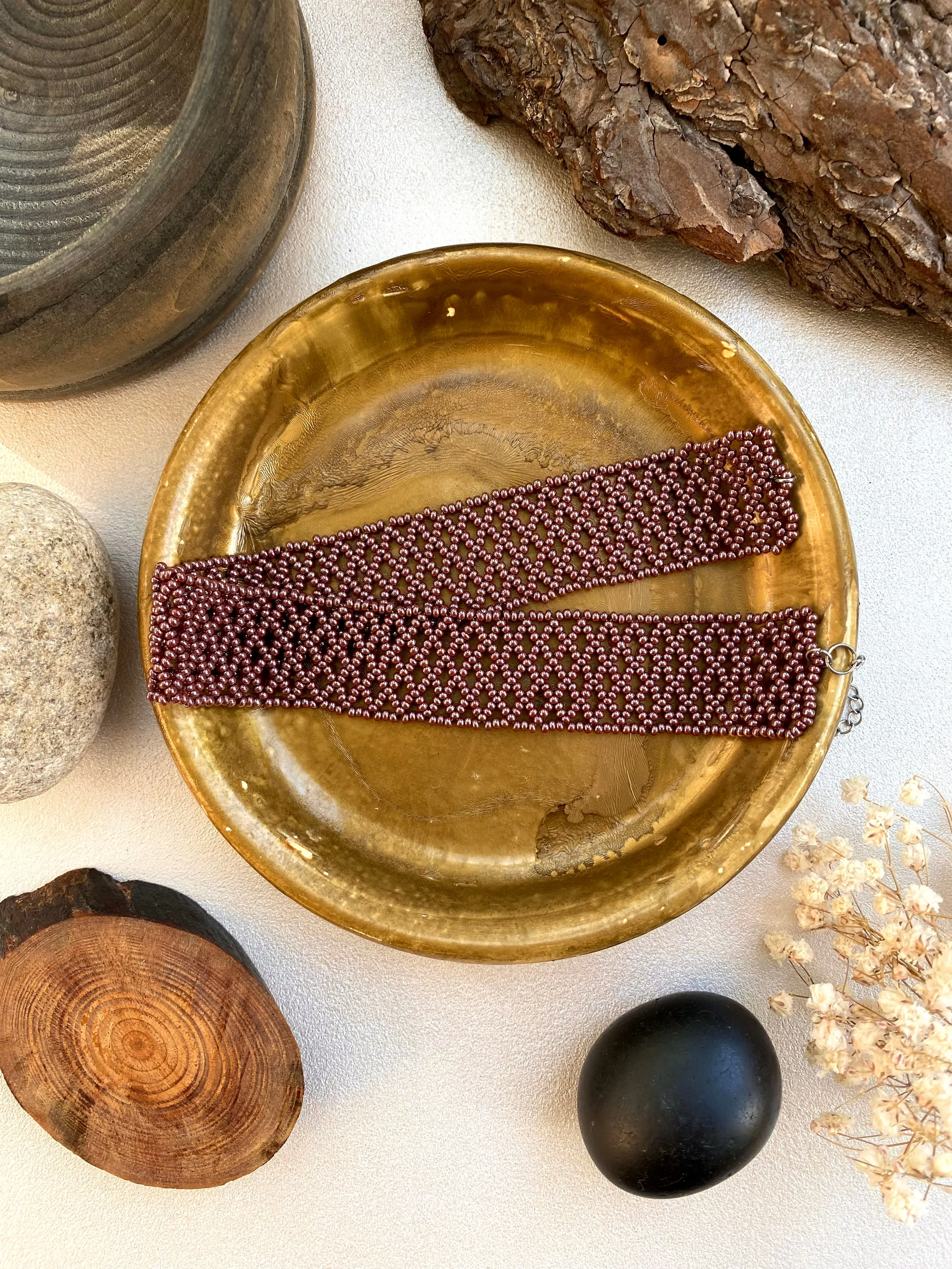 Handmade Wide Copper Seed Bead Choker Necklace Women Boho Hippie style, Thick Brown Metallic Choker Collar, Cute Lace choker, Sexy choker