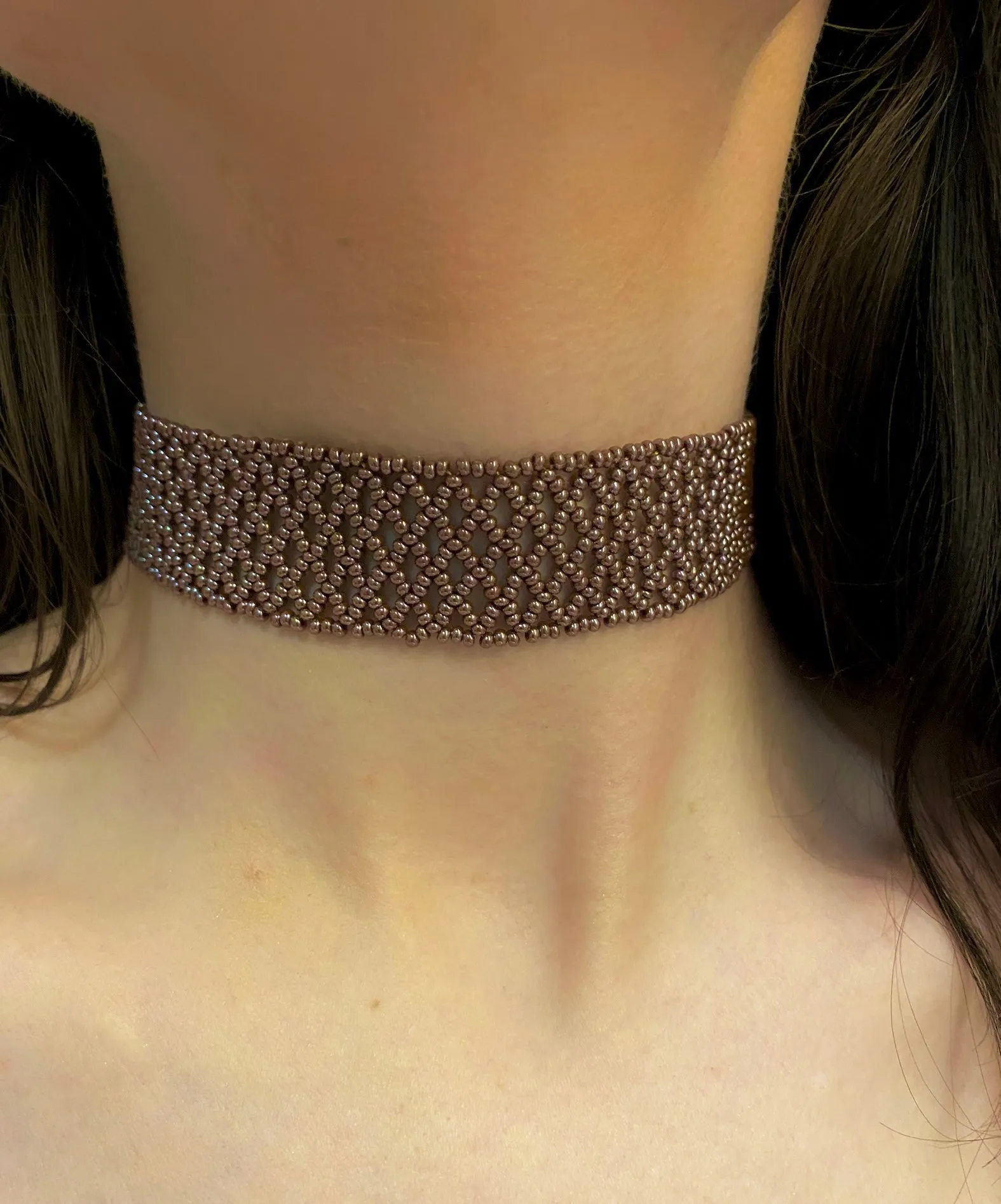 Handmade Wide Copper Seed Bead Choker Necklace Women Boho Hippie style, Thick Brown Metallic Choker Collar, Cute Lace choker, Sexy choker